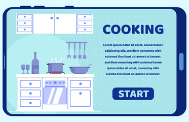Informative Banner is Written Cooking Cartoon. Poster Informative and Educational Home Entertainment. Kitchen Equipment and Products for Preparation Festive Dinner. Vector Illustration.