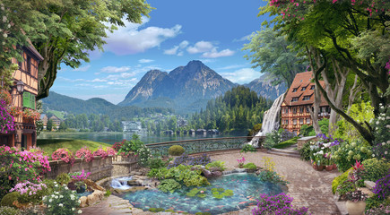 Beautiful views of the lake and mountains from the blooming garden. Digital  mural. Wallpaper.