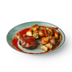 The restaurant's menu dish, a delicious snack for beer. Restaurant serving of the dish. A look from above