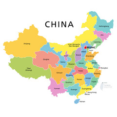 China, political map with multicolored provinces. PRC, People's Republic of China with capital Beijing, borders and administrative divisions. English labeling. Isolated illustration over white. Vector