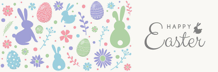 Colourful eggs, bunnies and flowers on background with Happy Easter wishes. Banner. Vector