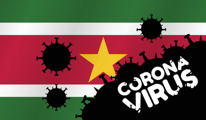 Coronavirus in Suriname. Flag of Suriname, words Corona Virus and virus silhouette