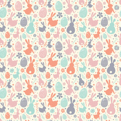 Cotton fabric Easter background with decorative eggs, bunnies and flowers. Seamless texture. Vector
