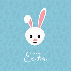 Happy Easter. Greeting card with smiley bunny on blue background with pattern. Vector