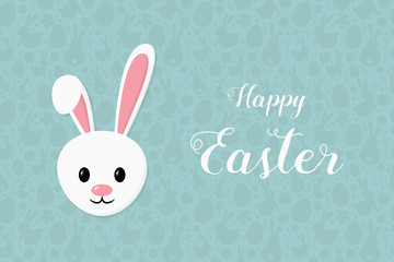Concept of Easter greeting card with happy bunny and wishes. Banner. Vector