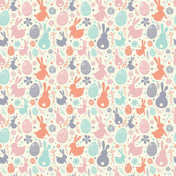 Easter background with decorative eggs, bunnies and flowers. Seamless texture. Vector