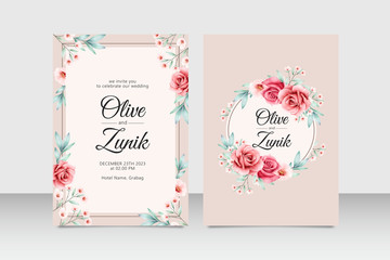 Elegant wedding invitation card set template with flowers and leaves watercolor