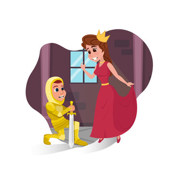 Knight in Gold Sparkling Armor Stand on Knee with Sword Oath Giving to Queen or Princess in Castle. Historical, Fairy Tale Scene, Actors Playing Roles in Movie Cartoon Flat Vector Illustration, Icon