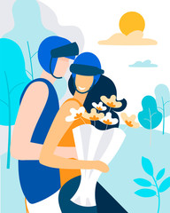 Advertising Poster Wildflowers in Couple in Love. Successful Spouses have Much more Positive Communication than Negative. Man and Woman in Protective Helmets are Walking in Park. Vector Illustration.