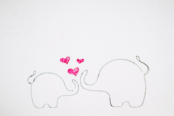 Carte d'amour avec des animaux, deux éléphants et coeurs