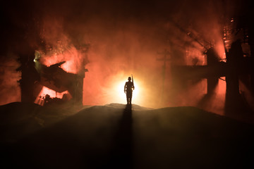 War Concept. Military silhouettes fighting scene on war fog sky background, World War Soldiers Silhouette Below Cloudy Skyline At night.