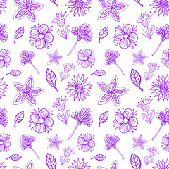 Purple folk floral seamless pattern. Hand drawing vector illustration. Flowers and leaves doodles.