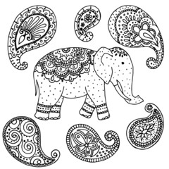 element in black, tattoo pattern, decorative elephant drawing, indian drawings, isolate on a white background