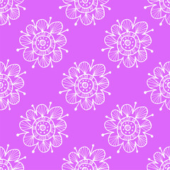 Fototapeta na wymiar Purple folk floral seamless pattern. Hand drawing vector illustration. Flowers and leaves doodles.