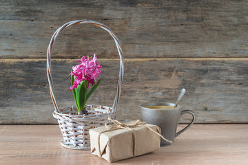 Spring holiday concept. Rustic cup of coffee, hand made gift box and purple hyacinth flower in wicker basket on old non paint wooden background