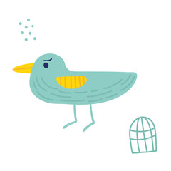 Turquoise and funny bird.Flat hand drawn vector illustration.Funny and cute character