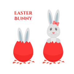 Easter bunny. Red bow on ear. Rabbit hatching egg.