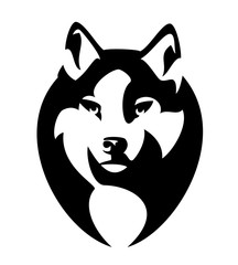 wild wolf head portrait - animal looking forward fool face black and white vector outline