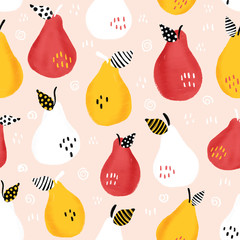 Materiał do szycia Vector seamless pear pattern. Repeating background with cute hand drawn pears on pink. Illustrated summer fruits background. Use for packaging, invitations, paper, textile design, kids fabric, decor