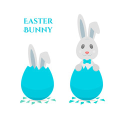 Easter bunny. Blue bow on ear. Rabbit hatching egg