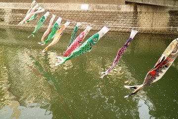 都会の川に飾られた鯉のぼり