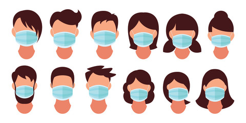 Medical mask. Healthy man in medical protection mask. Caring for health at flu epidemic time. Vector illustration, flat design, cartoon style. Isolated background