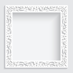 Square white frame with ornate border pattern, cutout paper swirls ornament, template for laser cutting, elegant lace decoration for wedding invitation card design