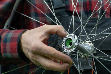 Bike repair. A mechanic holds in his hand the front wheel of a road bike. Maintenance of the hub, replacement of grease and bearings.