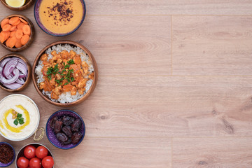 Iftar Food Table. Evening Meal For Ramadan. Arabic Cuisine. Middle Eastern Traditional Lunch. Assorted Of Egyptian Oriental Dishes. Top View. Copy Space