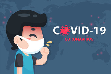 Vector cartoon young Chinese man has a high fever and cough from the flu of the corona virus