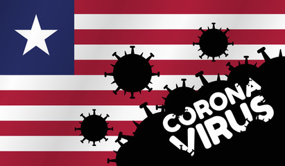 Coronavirus in Liberia. Flag of Liberia, words Corona Virus and virus silhouette