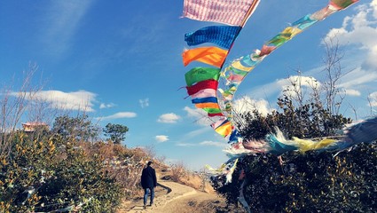 mountain, sky, and flag