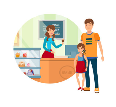 Dad and Daughter in Bakery Isolated Design Element. Cartoon Father, Daddy and Little Girl Visiting Cafe. Salesgirl Offering Cake to Customers. Buying Sweets at Boulangerie, Confectionery