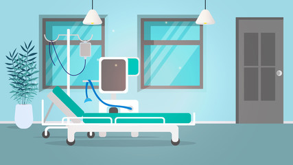 Vector illustration of a hospital. Hospital bed, dropper, highly efficient ventilator.