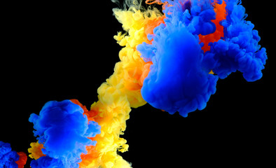 Color drops in water , abstract color mix , drop of Ink color mix paint falling on water Colorful ink in water, 