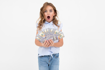 teenage girl received a cash prize on a white background with copy space