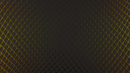 Dark gold background. Consists of squares with gold painted edges. Black dark cubic abstract background with a bend, surface 3d Rendering. Wall of black and golden cubes. 3d illustration