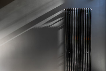 Stylish solution of the house heating system design. Vertical long heater radiator mounted on a...