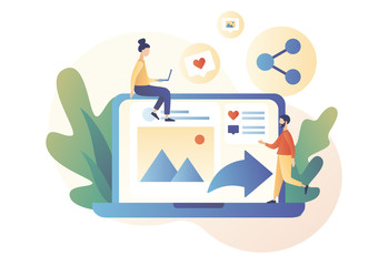 Share concept. Tiny people sharing data, photos, links, posts and news in social networks with laptop. Modern flat cartoon style. Vector illustration on white background	