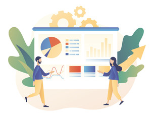 Data analytics consept. Business analysis. Tiny people are studying the infographic. Teamwork. Modern flat cartoon style. Vector illustration on white background	