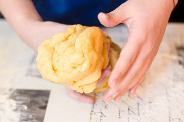 Female hands knead the dough for a sweet cake on a table sprinkled with flour. Making shortcrust pastry at home in the kitchen. Selective focus.