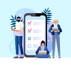 online survey vector illustration concept, people filling online survey form on gadgets, to do list paper note