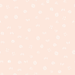 White geometric Doodles on light pink background seamless vector pattern. Geometric shapes kids backdrop. Hand drawn doodle strokes, lines, twirls design for fabric, kids decor