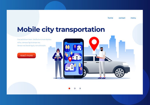 Mobile city transportation illustration concept, Online car sharing with cartoon character and smartphone, can use for landing page template, ui, web, mobile app, poster, banner, flyer	