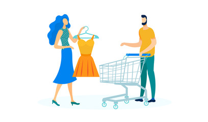 Young Couple Buying Dress Flat Vector Illustration. Wife and Husband Cartoon Characters. Shoppers in Mall, Female Clothing Store. Woman Holding Fashionable Apparel, Man with Shopping Cart