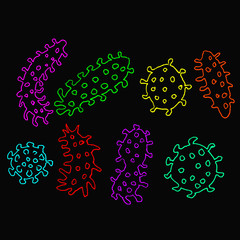 Hand drawn grunge colorful virus icons set. Vector illustration.