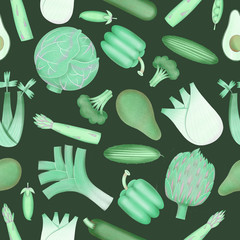 Hand drawn color vagetable seamless pattern. Organic fresh vegetable illustration on dark background. Retro vegetable botanical background.