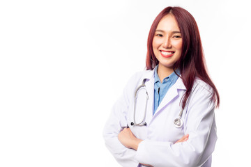 Portrait young female doctor with smiley face. Asian woman doctor arm cross, happiness. She wear gown, hanging stethoscope on neck. General practitioner get successful. Medical care, insurance concept