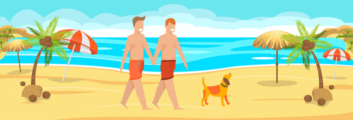 Happy Male Couple in Love Walking Dog on Tropical Beach Cartoon. Smiling Homosexual Boys in Swimming Suits. Gays Holding Hands Go Together. Romantic Dating or Holiday Romance. Vector Illustration