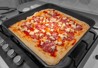 Pizza cooked in a pan, with tomatoes, salami and provola
